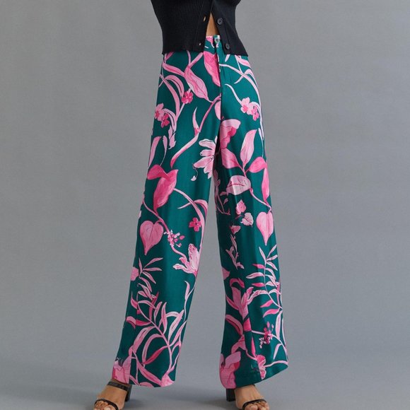 Anthropologie Tropical Floral Breezy Print Straight Wide Leg Pants Green 2 4 6 8